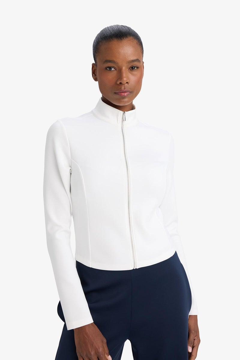 DeFacto White Woman Standard Fit High Neck Scuba Fabric Zip-Up Sweatshirt Casual - Image 4